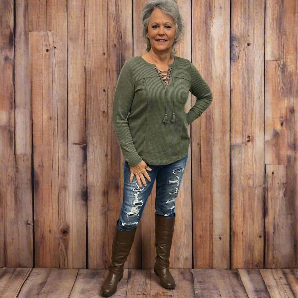 Sage Green Long Sleeve Top With Tie String