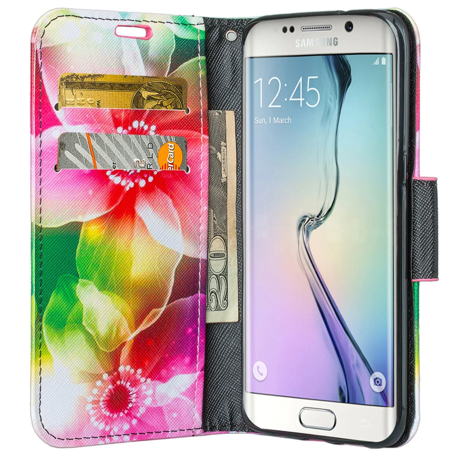 Samsung Galaxy S7 Edge Wallet Case, Wrist Strap Pu Leather Magnetic Flip Fold[Kickstand] with ID & Card Slots for Galaxy S7 Edge - Flower Pedal