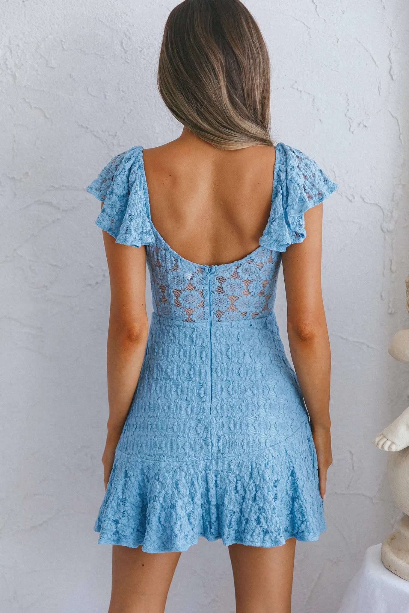 Secret Crush Flutter Sleeve Floral Lace Ruffle Hem Dress Blue