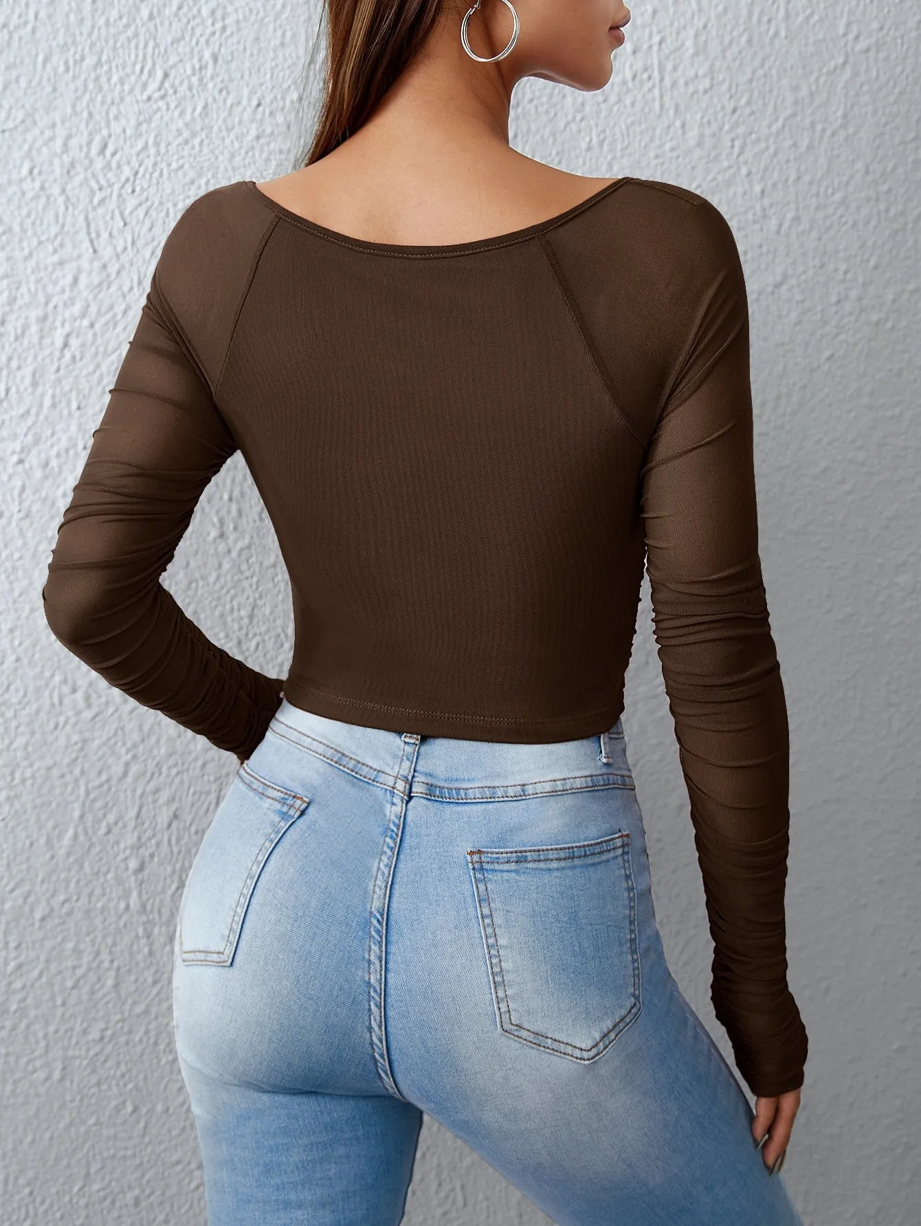 SHEIN Privé Square Neck Ruched Mesh Top