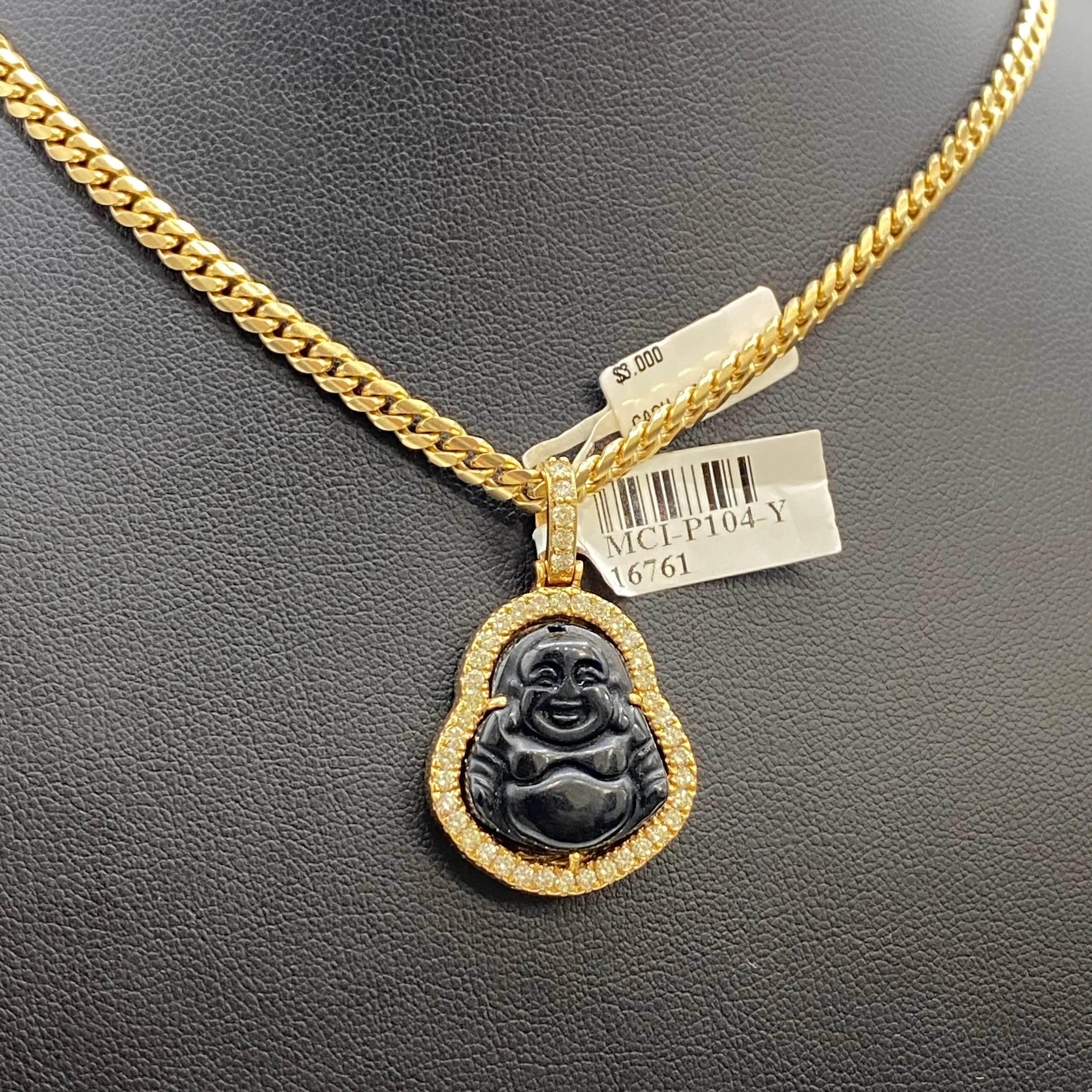 Small Black Buddhas Pendant 14K Yellow Gold With Diamond / 8.5gr