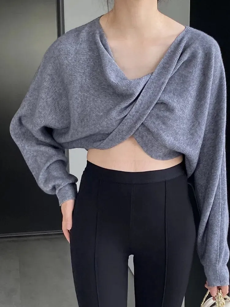 Solid Crisscross Knitting Sweaters For Women V Neck Batwing Sleeve Loose Pullover Sweater Female Fashion Clothes