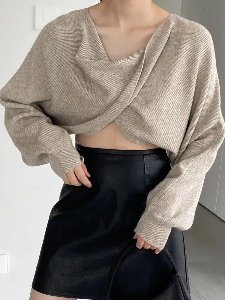 Solid Crisscross Knitting Sweaters For Women V Neck Batwing Sleeve Loose Pullover Sweater Female Fashion Clothes