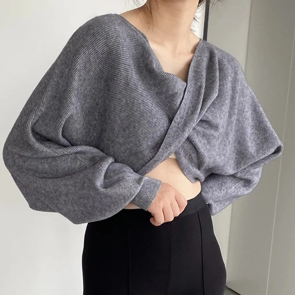 Solid Crisscross Knitting Sweaters For Women V Neck Batwing Sleeve Loose Pullover Sweater Female Fashion Clothes