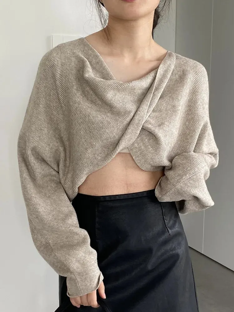 Solid Crisscross Knitting Sweaters For Women V Neck Batwing Sleeve Loose Pullover Sweater Female Fashion Clothes