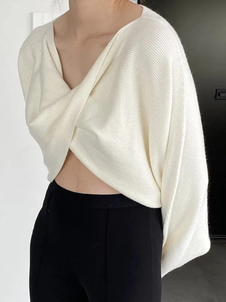 Solid Crisscross Knitting Sweaters For Women V Neck Batwing Sleeve Loose Pullover Sweater Female Fashion Clothes