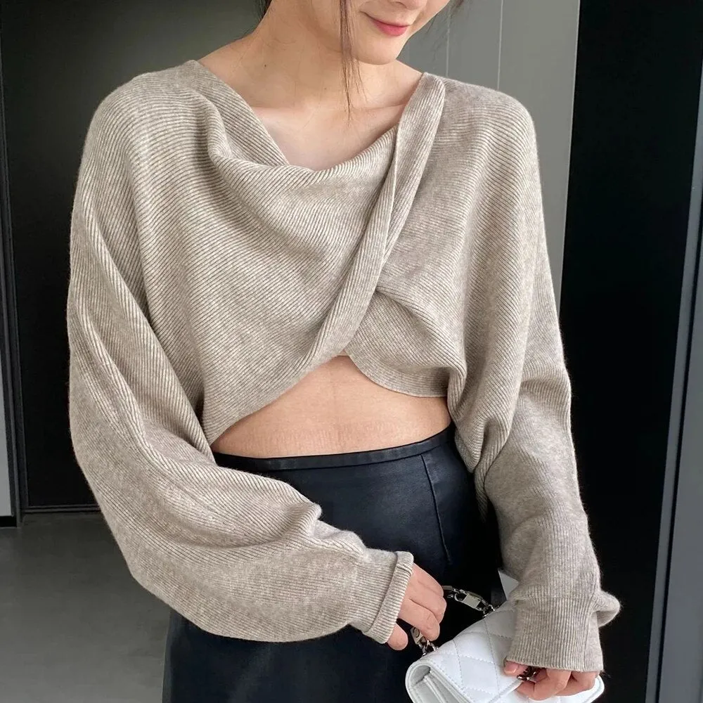 Solid Crisscross Knitting Sweaters For Women V Neck Batwing Sleeve Loose Pullover Sweater Female Fashion Clothes