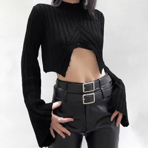 Solid Split Hem Sexy Knitting Sweaters For Women Half High Collar Flare Sleeve Chic Sweater Female Fashion Clothing