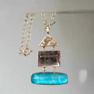 Sterling silver Pendant, Flower Pendant, Kunzite and Turquoise stones, Raw Crystal Diamond