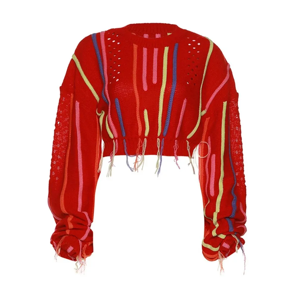 Streetwear Loose Sweater For Women Round Neck Long Sleeve Patchwork Tassels Pullover Female Clothing Fashion