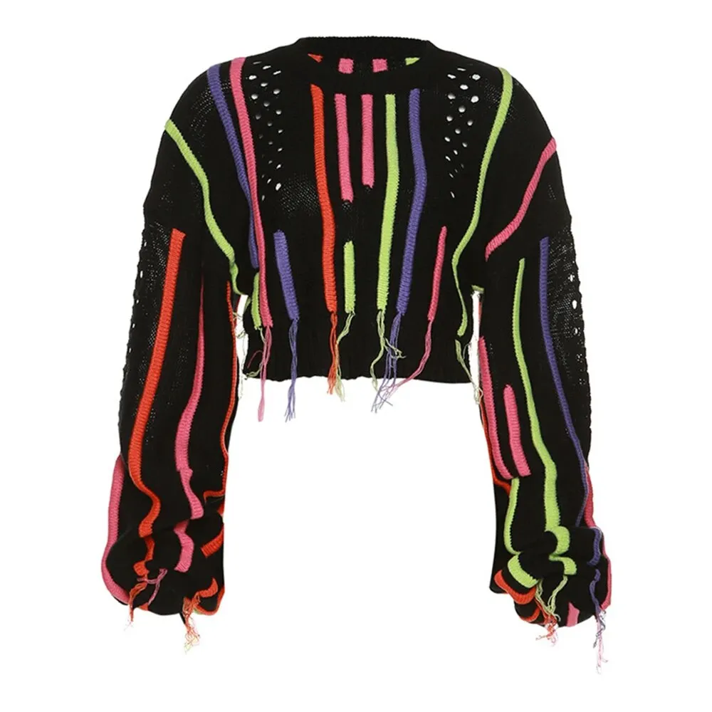 Streetwear Loose Sweater For Women Round Neck Long Sleeve Patchwork Tassels Pullover Female Clothing Fashion