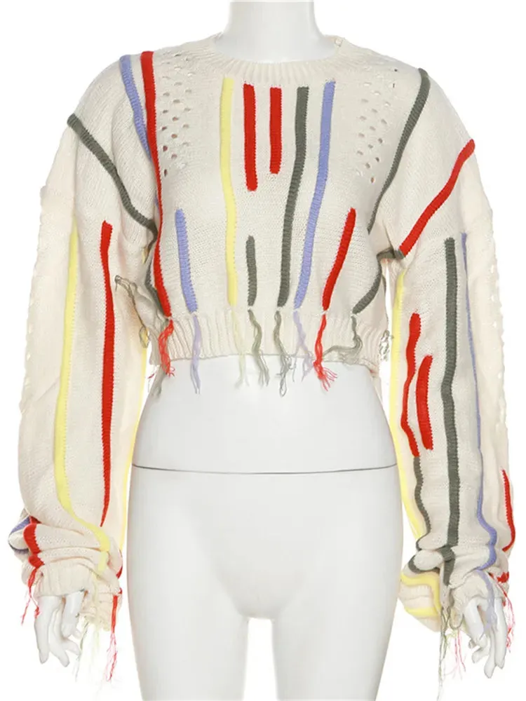 Streetwear Loose Sweater For Women Round Neck Long Sleeve Patchwork Tassels Pullover Female Clothing Fashion