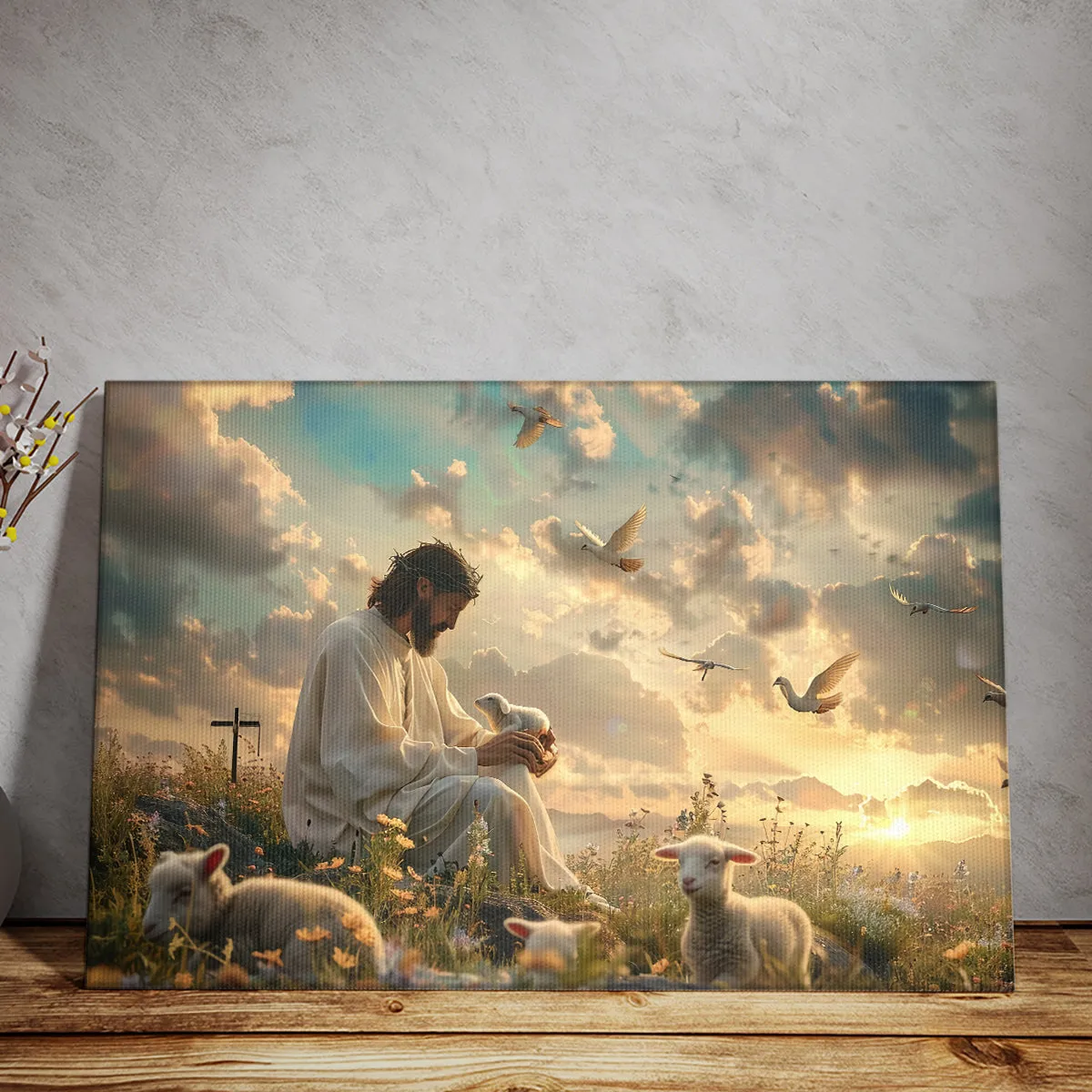 Teesdily | Jesus And Lamb Poster, Jesus In Garden Of Eden Art Print, Lamb Of God Poster, Religous Faith Gift, God Gift, Religious Poster Canvas
