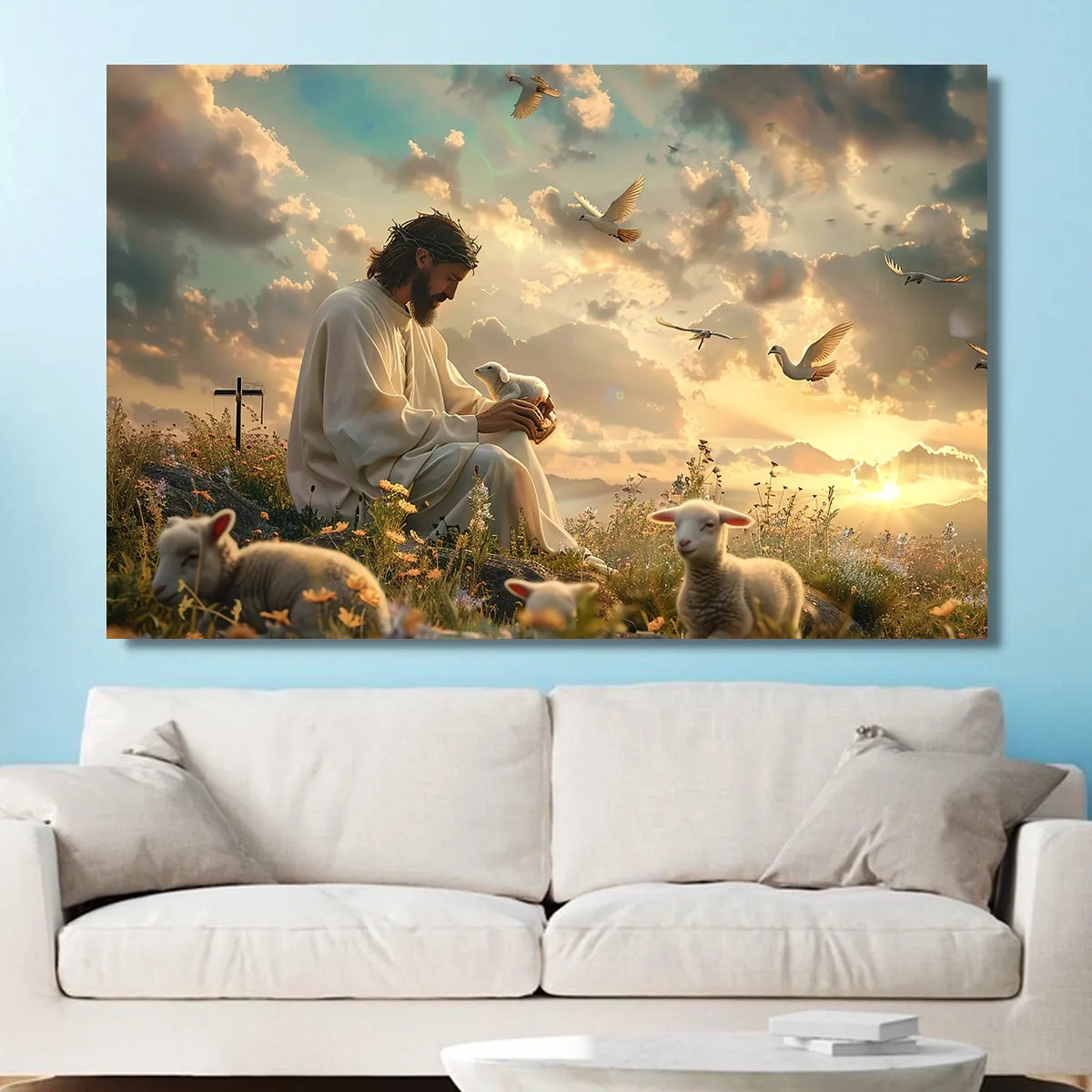 Teesdily | Jesus And Lamb Poster, Jesus In Garden Of Eden Art Print, Lamb Of God Poster, Religous Faith Gift, God Gift, Religious Poster Canvas