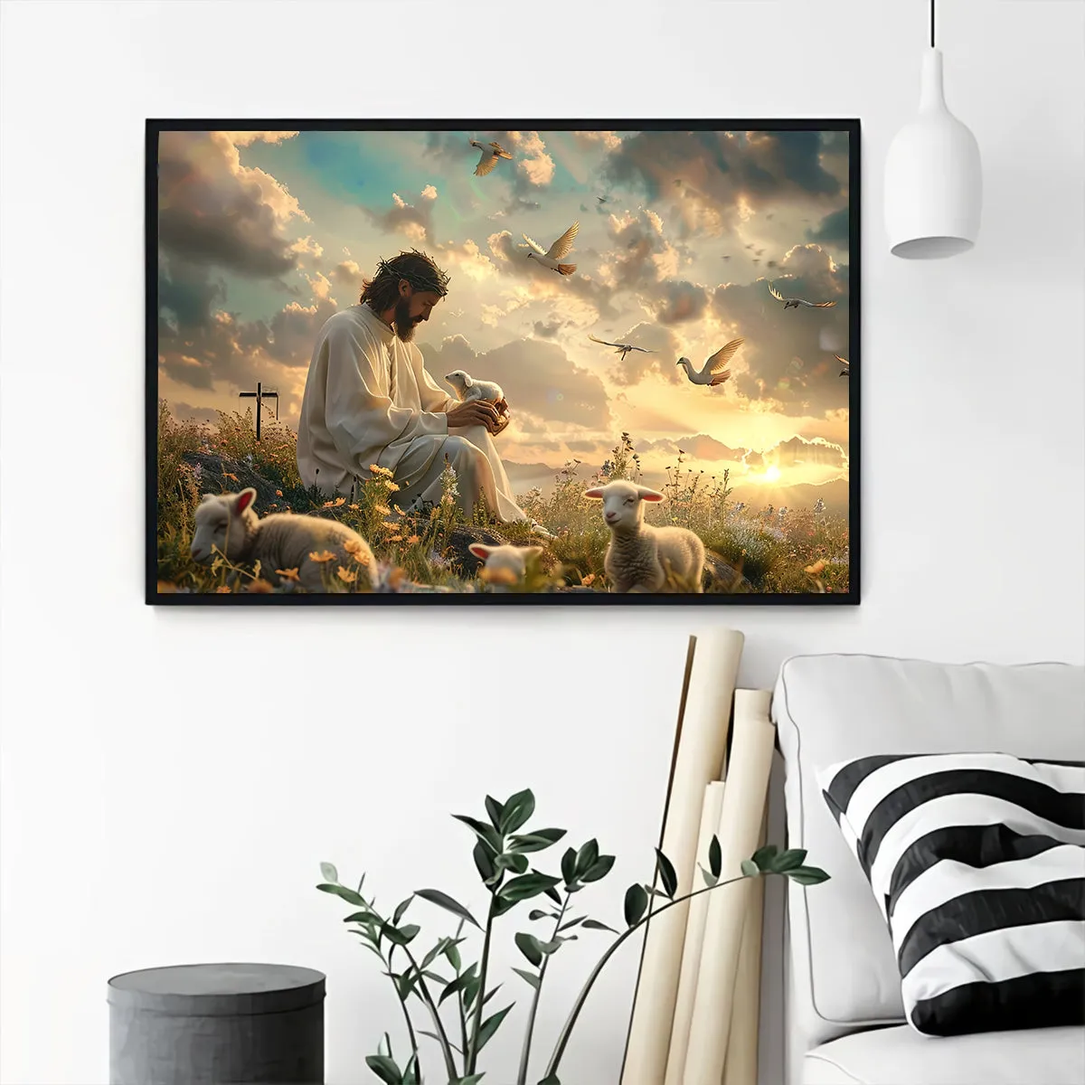 Teesdily | Jesus And Lamb Poster, Jesus In Garden Of Eden Art Print, Lamb Of God Poster, Religous Faith Gift, God Gift, Religious Poster Canvas