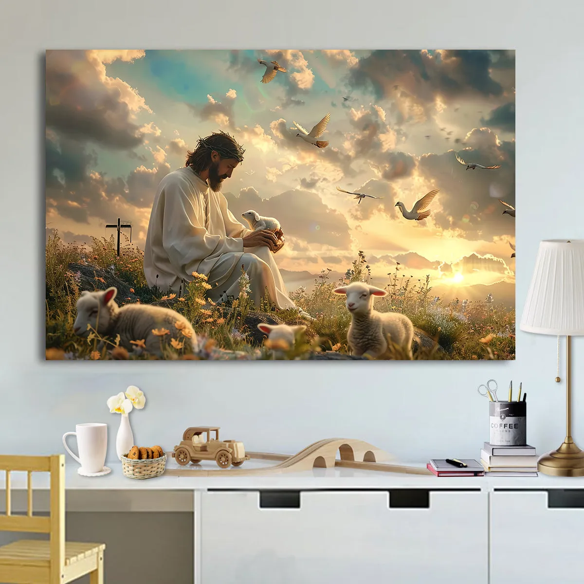 Teesdily | Jesus And Lamb Poster, Jesus In Garden Of Eden Art Print, Lamb Of God Poster, Religous Faith Gift, God Gift, Religious Poster Canvas