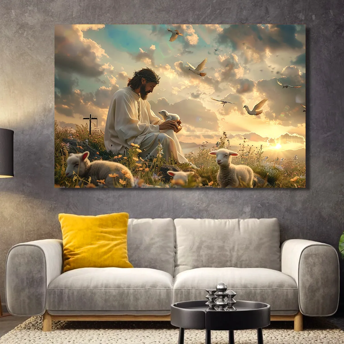 Teesdily | Jesus And Lamb Poster, Jesus In Garden Of Eden Art Print, Lamb Of God Poster, Religous Faith Gift, God Gift, Religious Poster Canvas