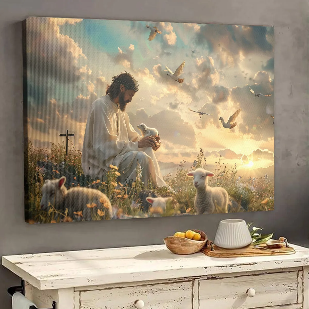 Teesdily | Jesus And Lamb Poster, Jesus In Garden Of Eden Art Print, Lamb Of God Poster, Religous Faith Gift, God Gift, Religious Poster Canvas