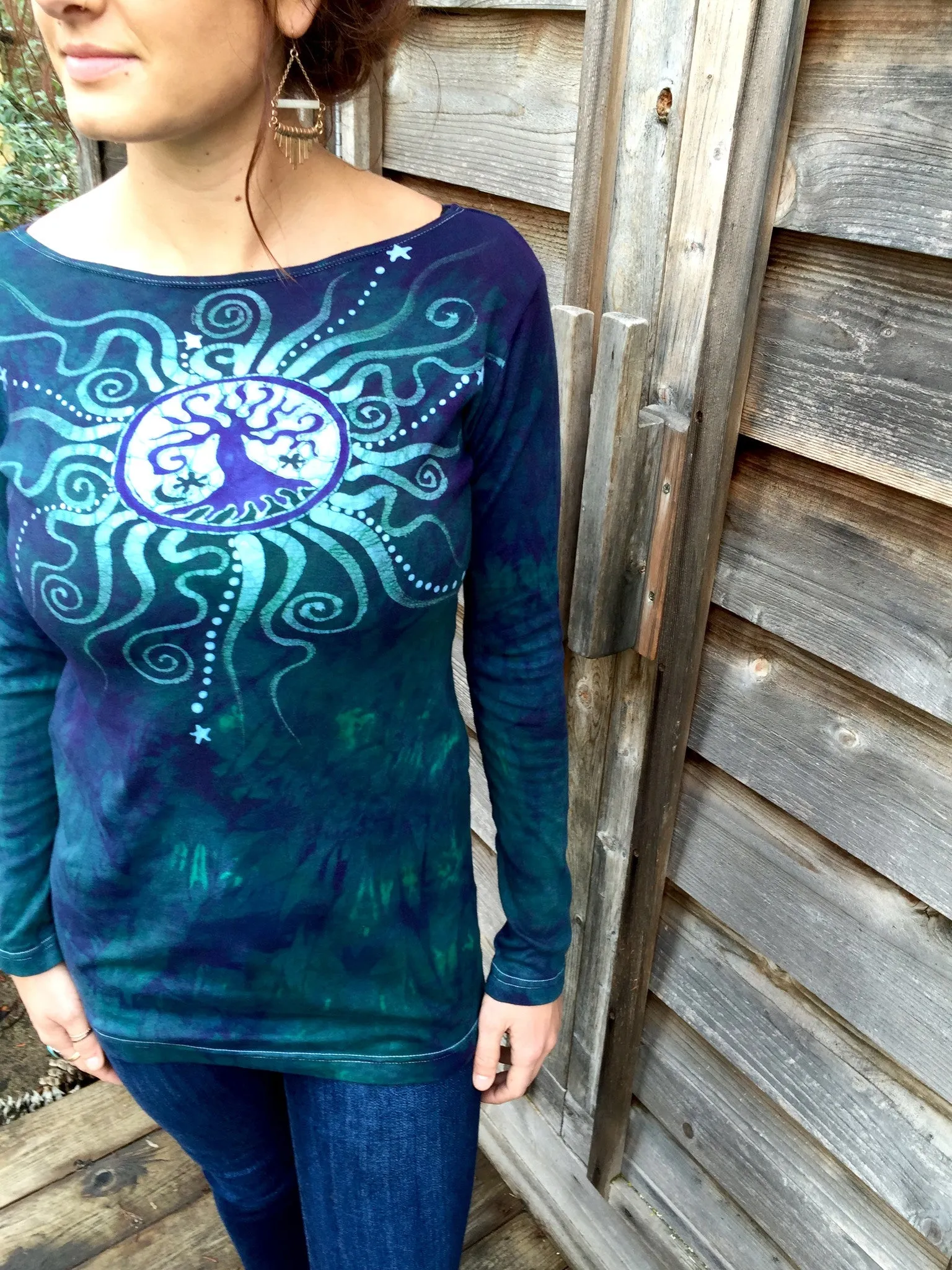 Tree Of Life in Teal and Purple Long Sleeve Batik Top