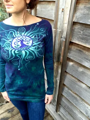 Tree Of Life in Teal and Purple Long Sleeve Batik Top