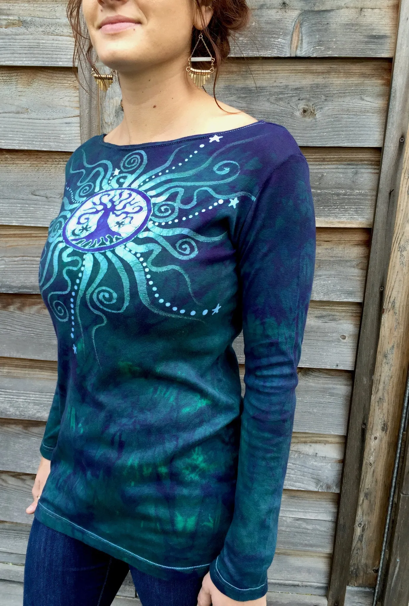 Tree Of Life in Teal and Purple Long Sleeve Batik Top