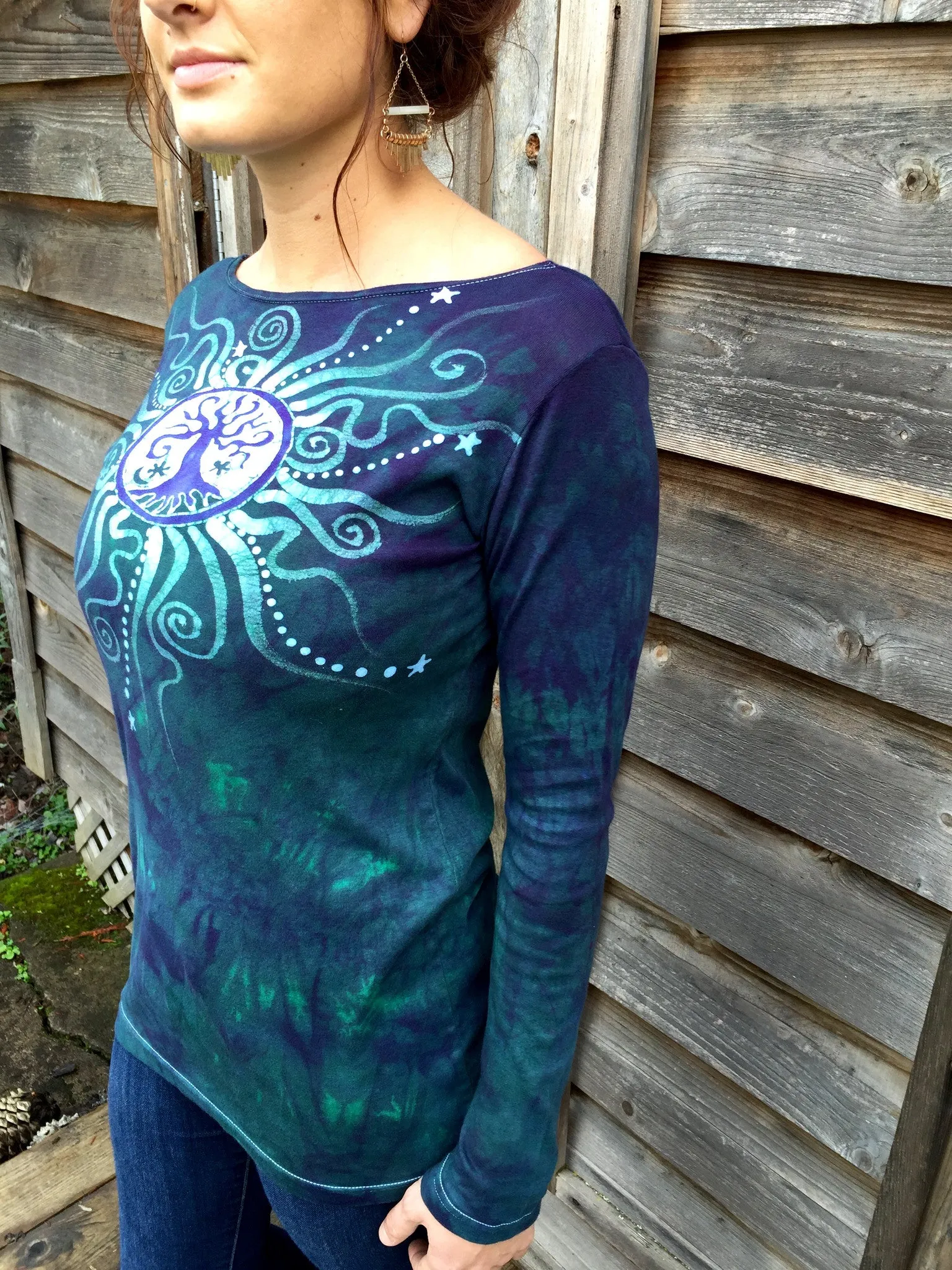 Tree Of Life in Teal and Purple Long Sleeve Batik Top