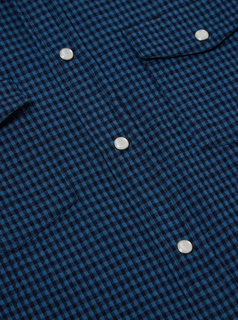 Universal Works - Western Garage Shirt In Navy Gingham Seersucker