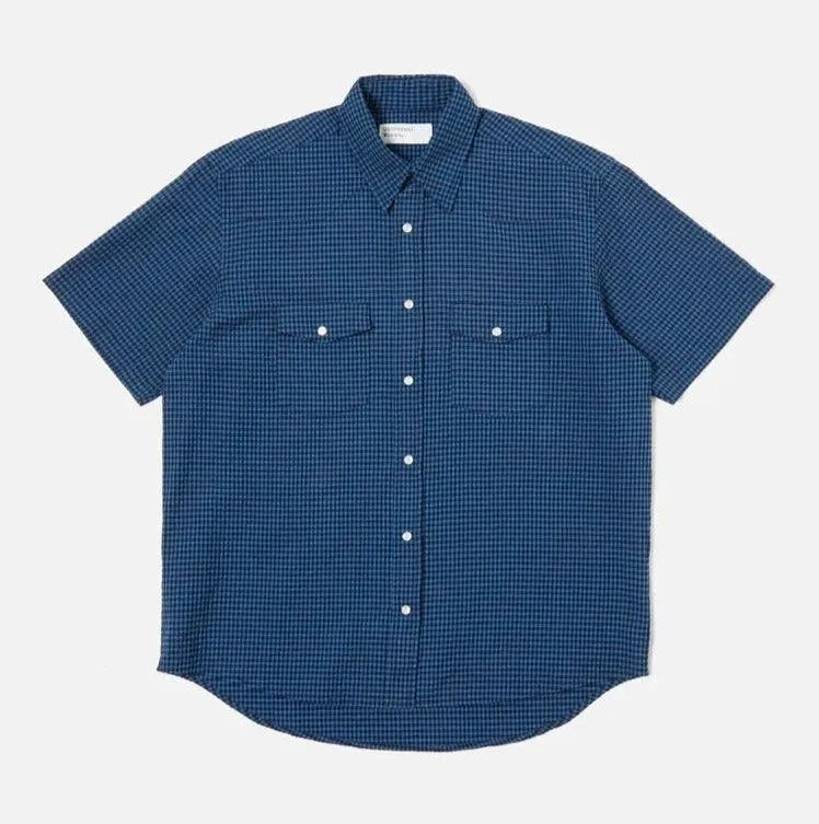 Universal Works - Western Garage Shirt In Navy Gingham Seersucker