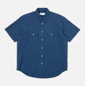Universal Works - Western Garage Shirt In Navy Gingham Seersucker