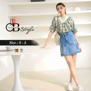V-NECK CHECKER SHORT SLEEVE TOPS
