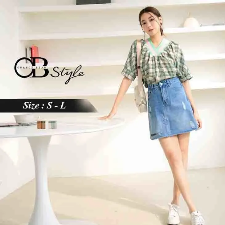 V-NECK CHECKER SHORT SLEEVE TOPS