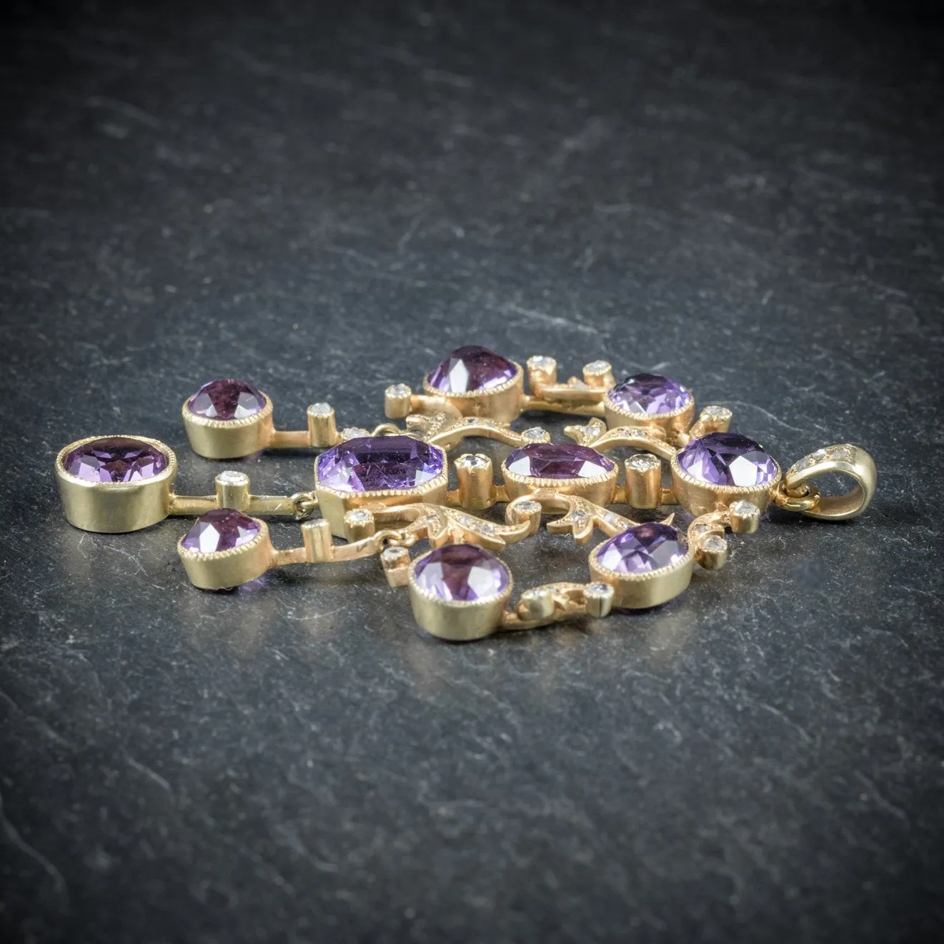 Victorian Amethyst & Diamond Garland Cascading Large Gold Pendant