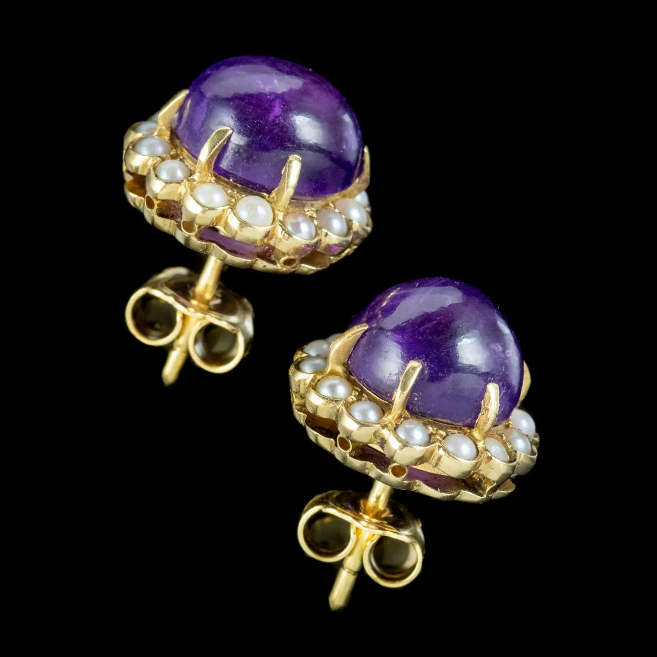 Vintage Amethyst Pearl Flower Stud Earrings 18ct Gold Circa 1970