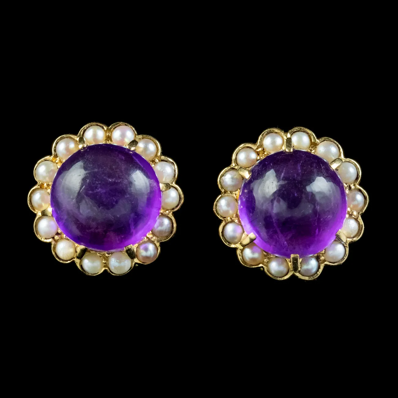 Vintage Amethyst Pearl Flower Stud Earrings 18ct Gold Circa 1970