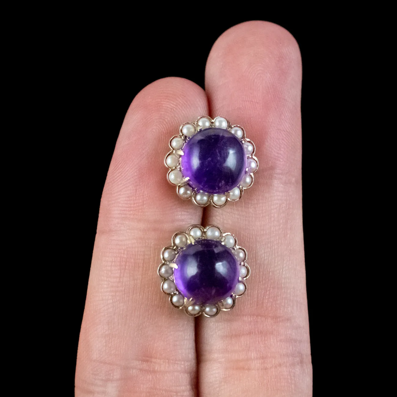 Vintage Amethyst Pearl Flower Stud Earrings 18ct Gold Circa 1970