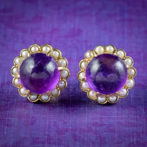 Vintage Amethyst Pearl Flower Stud Earrings 18ct Gold Circa 1970