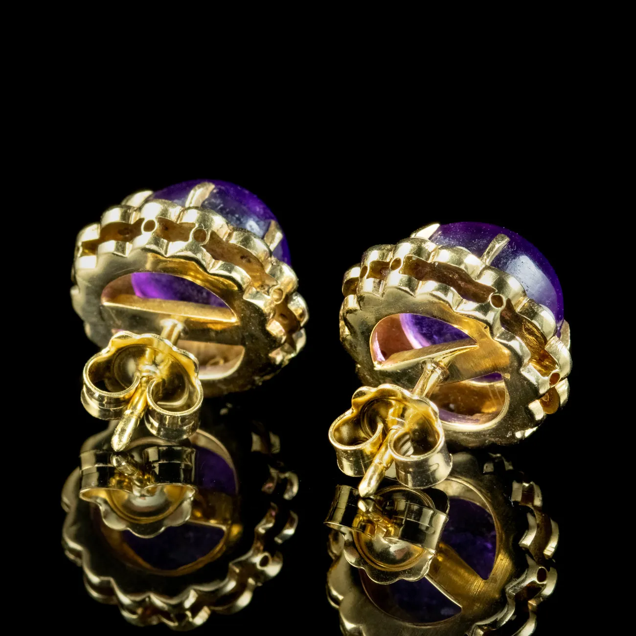 Vintage Amethyst Pearl Flower Stud Earrings 18ct Gold Circa 1970