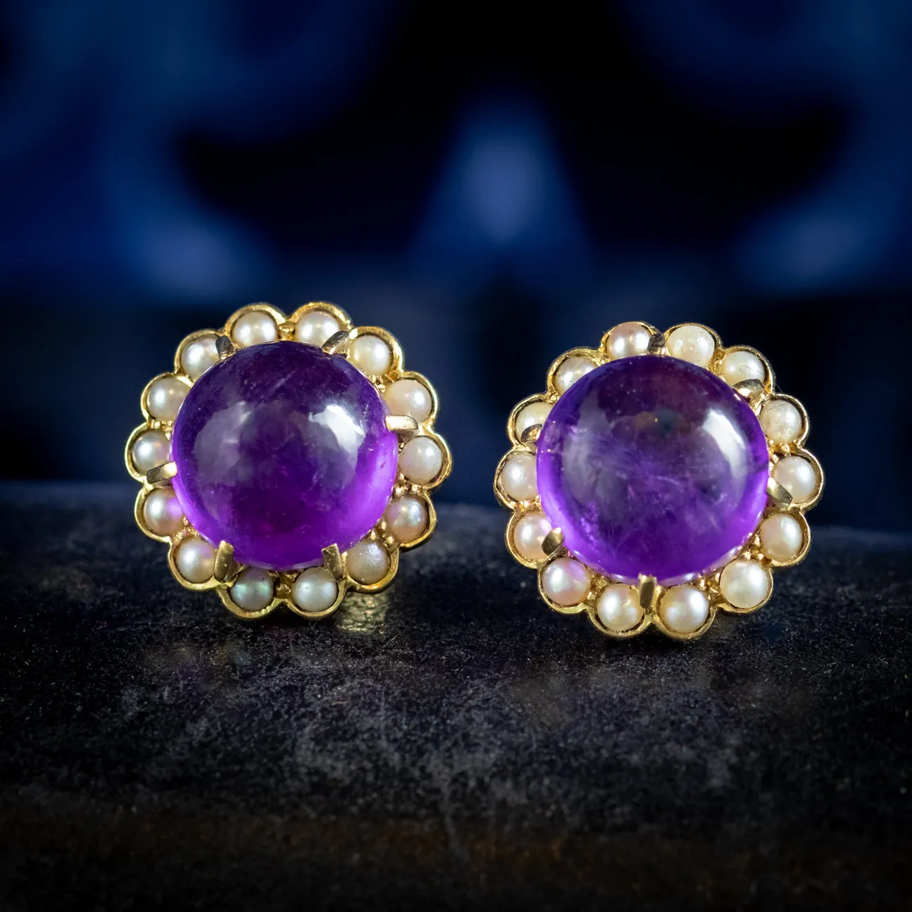 Vintage Amethyst Pearl Flower Stud Earrings 18ct Gold Circa 1970