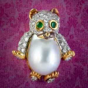 Vintage Diamond Pearl Bear Pendant Brooch 18ct Gold Emerald Eyes 2ct Of Diamond