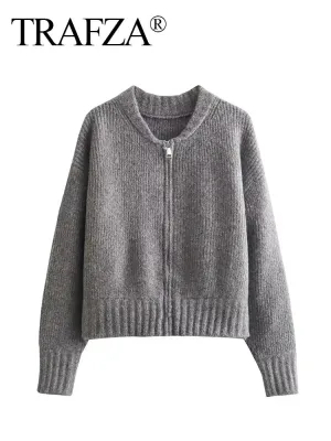 Vintage Solid Color Coat Long Sleeve Round Neck Sweater Jacket