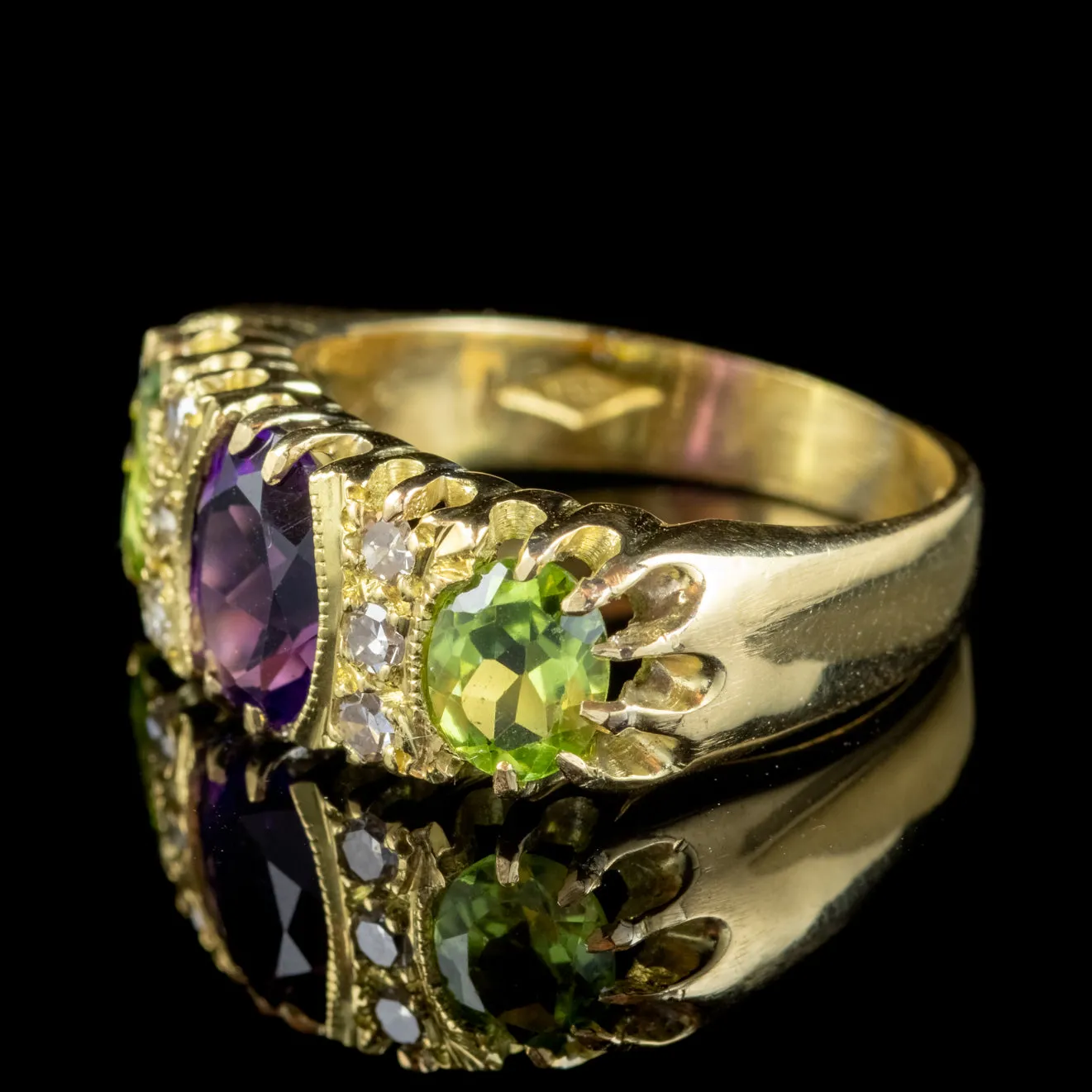 Vintage Suffragette Ring Amethyst Peridot Diamond 18ct Gold Dated 1963