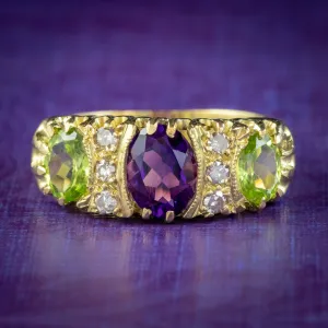 Vintage Suffragette Ring Amethyst Peridot Diamond 18ct Gold Dated 1963