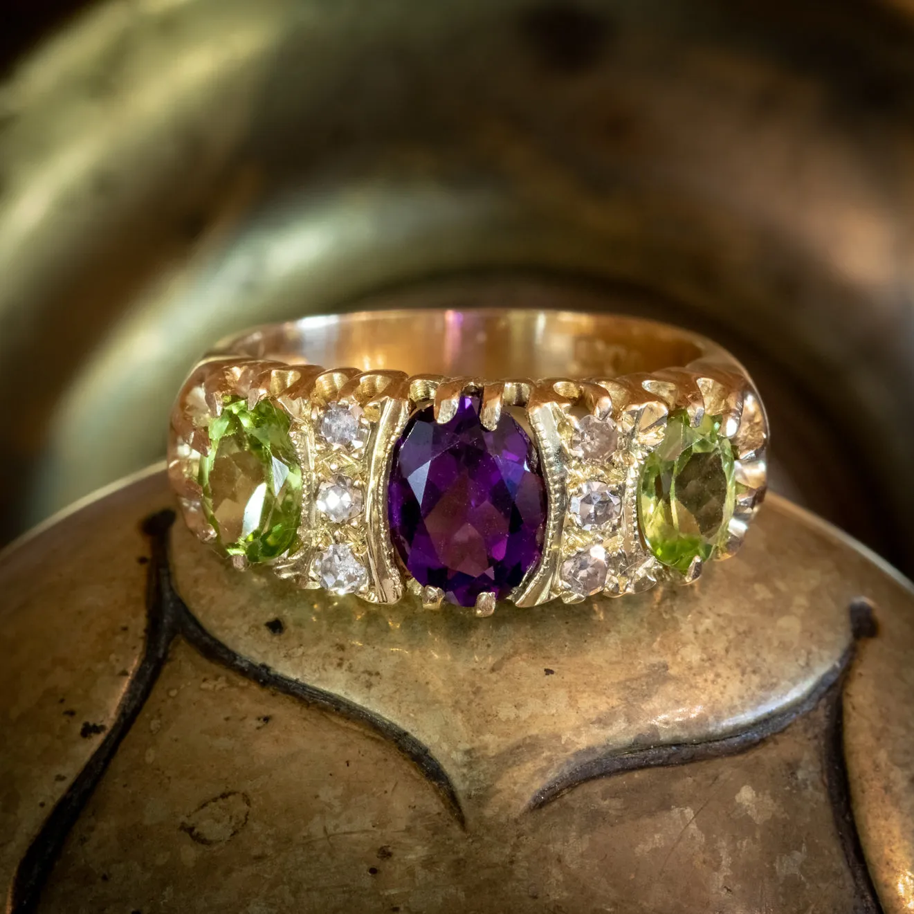 Vintage Suffragette Ring Amethyst Peridot Diamond 18ct Gold Dated 1963