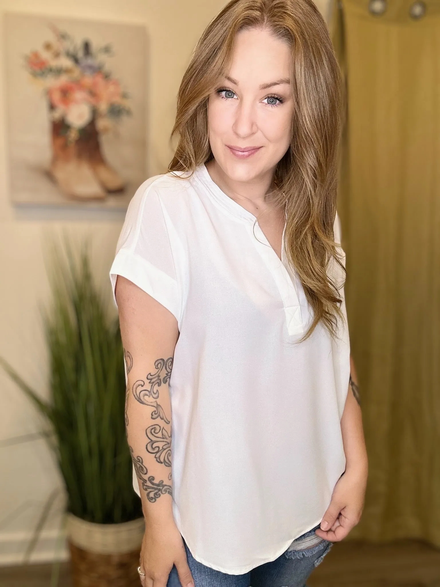 White Notched Short Sleeve Blouse
