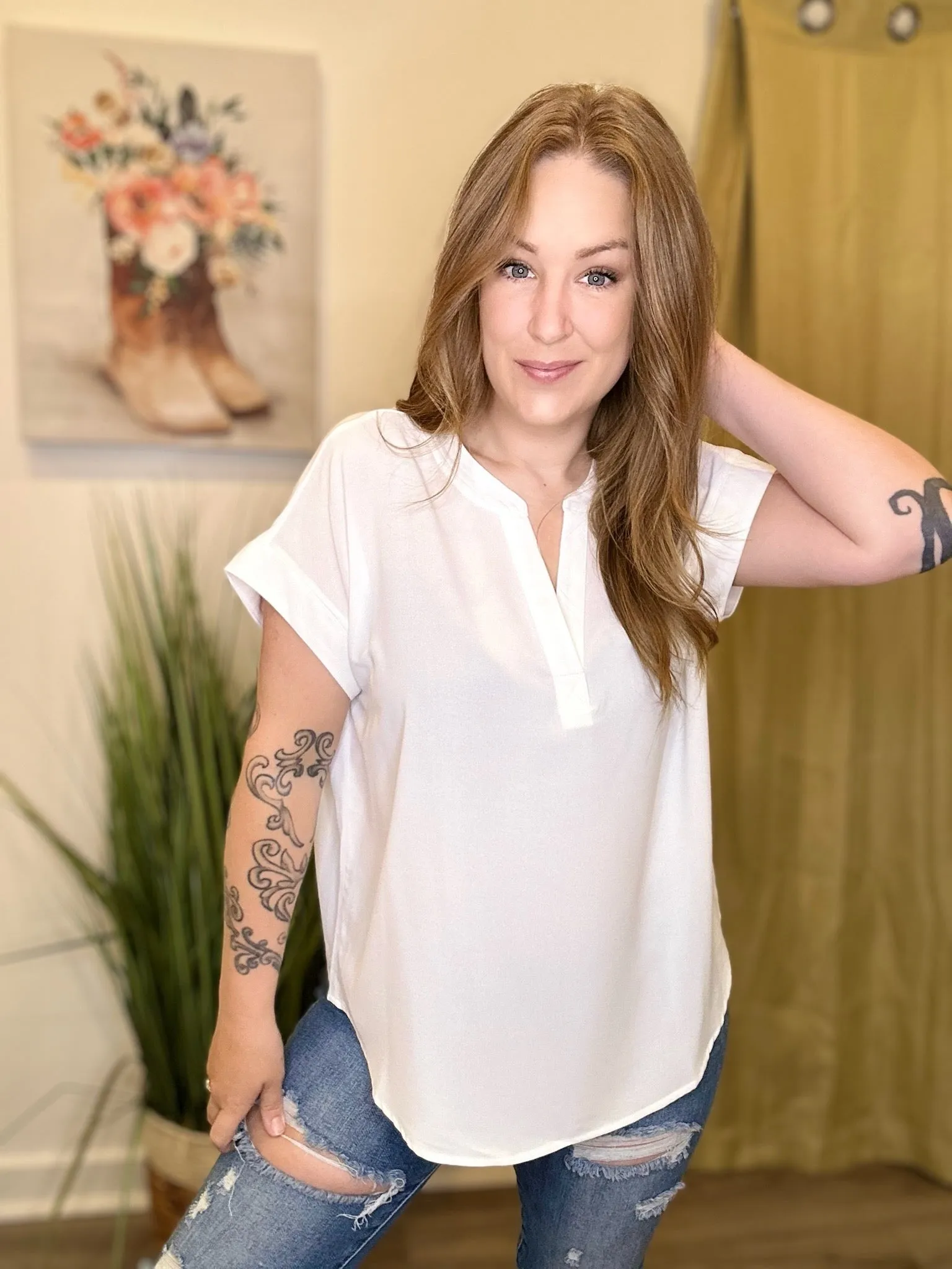 White Notched Short Sleeve Blouse