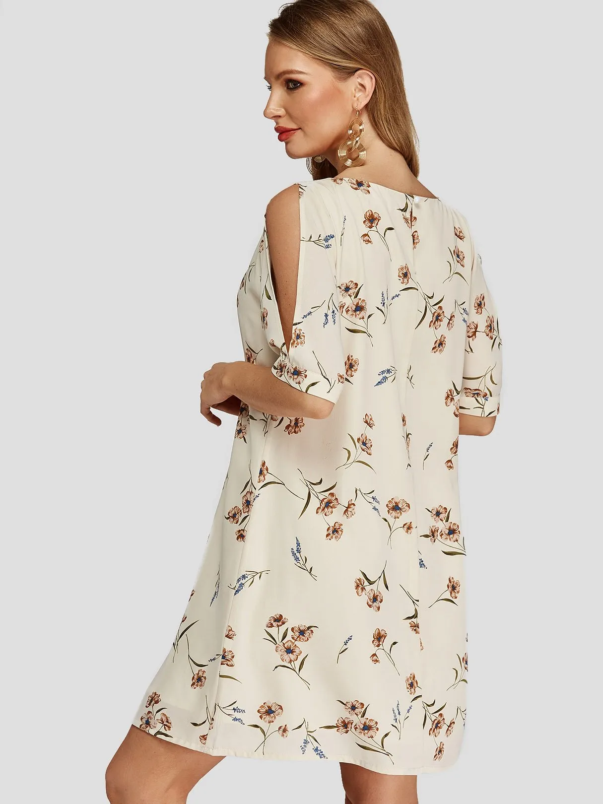Wholesale Apricot Round Neck Half Sleeve Floral Print Mini Dresses