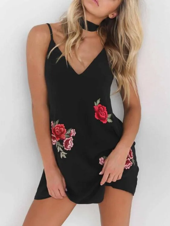 Wholesale Black Deep V-Neck Sleeveless Embroidered Mini Dresses