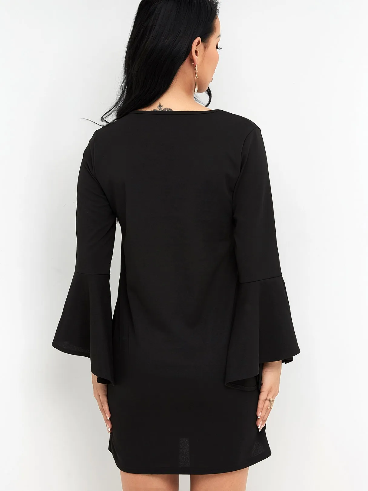 Wholesale Black V-Neck Long Sleeve Plain Mini Dress