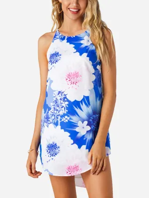 Wholesale Blue Sleeveless Floral Print Curved Hem Mini Dress