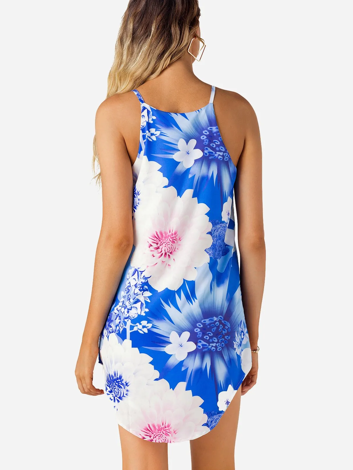 Wholesale Blue Sleeveless Floral Print Curved Hem Mini Dress